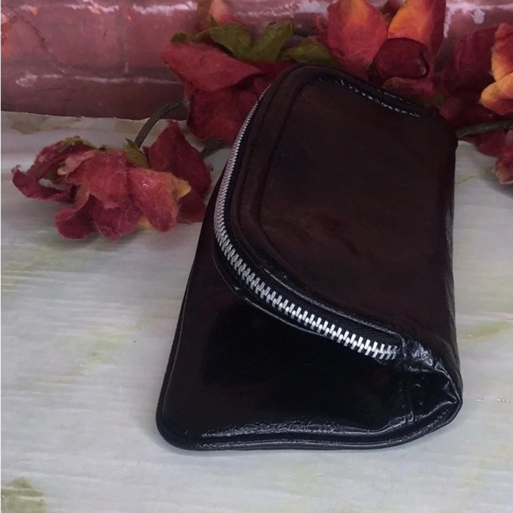 Vintage Black Leather Fold over Zippered Clutch
